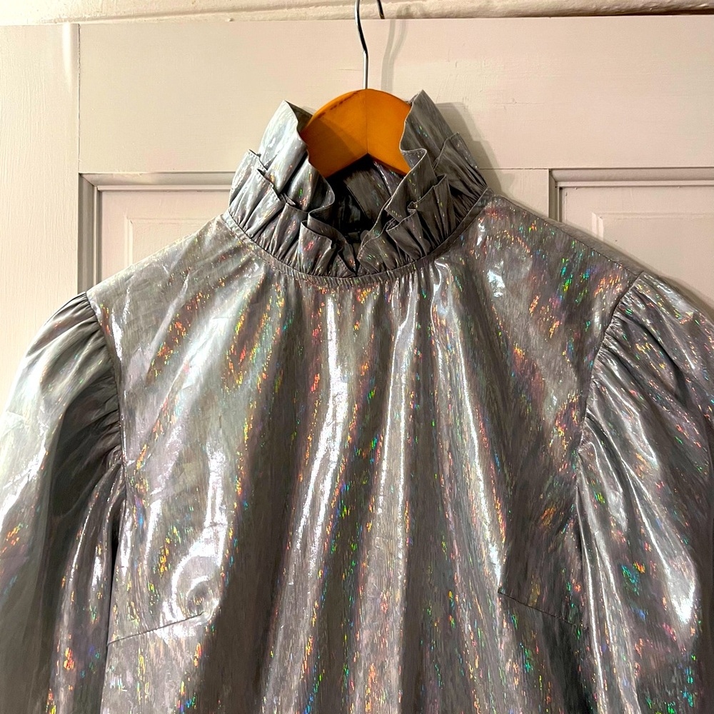 Batsheva silver holographic lame ruffle dress Sz 4
